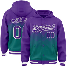 Laden Sie das Bild in den Galerie-Viewer, Custom Purple Teal-White Gradient Square Shape 3D Pattern Design Bomber Full-Snap Varsity Letterman Hoodie Jacket