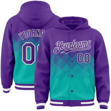 Charger l'image dans la galerie, Custom Purple Aqua-White Gradient Square Shape 3D Pattern Design Bomber Full-Snap Varsity Letterman Hoodie Jacket