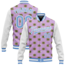 Laden Sie das Bild in den Galerie-Viewer, Custom Light Purple Light Blue-White Evil Eyes 3D Pattern Design Bomber Full-Snap Varsity Letterman Jacket