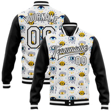 Laden Sie das Bild in den Galerie-Viewer, Custom White Black Evil Eyes 3D Pattern Design Bomber Full-Snap Varsity Letterman Jacket