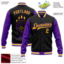 Laden Sie das Bild in den Galerie-Viewer, Custom Black Gold-Purple Evil Eyes 3D Pattern Design Bomber Full-Snap Varsity Letterman Jacket