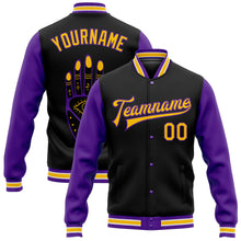 Laden Sie das Bild in den Galerie-Viewer, Custom Black Gold-Purple Evil Eyes 3D Pattern Design Bomber Full-Snap Varsity Letterman Jacket