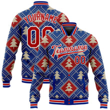 Laden Sie das Bild in den Galerie-Viewer, Custom Royal Red-White Christmas 3D Bomber Full-Snap Varsity Letterman Jacket