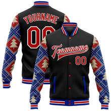 Laden Sie das Bild in den Galerie-Viewer, Custom Black Red-Royal Christmas 3D Bomber Full-Snap Varsity Letterman Jacket