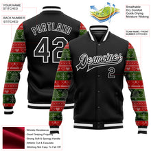 Laden Sie das Bild in den Galerie-Viewer, Custom Black Red Green Christmas 3D Bomber Full-Snap Varsity Letterman Jacket