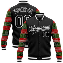 Laden Sie das Bild in den Galerie-Viewer, Custom Black Red Green Christmas 3D Bomber Full-Snap Varsity Letterman Jacket