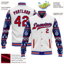 Laden Sie das Bild in den Galerie-Viewer, Custom White Red-Royal Christmas 3D Bomber Full-Snap Varsity Letterman Jacket