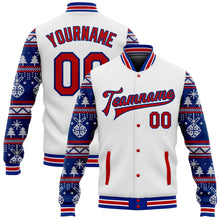 Laden Sie das Bild in den Galerie-Viewer, Custom White Red-Royal Christmas 3D Bomber Full-Snap Varsity Letterman Jacket