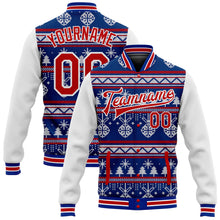 Laden Sie das Bild in den Galerie-Viewer, Custom Royal Red-White Christmas 3D Bomber Full-Snap Varsity Letterman Jacket