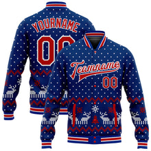 Laden Sie das Bild in den Galerie-Viewer, Custom Royal Red-White Christmas 3D Bomber Full-Snap Varsity Letterman Jacket