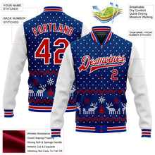 Laden Sie das Bild in den Galerie-Viewer, Custom Royal Red-White Christmas 3D Bomber Full-Snap Varsity Letterman Jacket