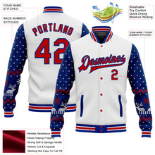 Laden Sie das Bild in den Galerie-Viewer, Custom White Red-Royal Christmas 3D Bomber Full-Snap Varsity Letterman Jacket