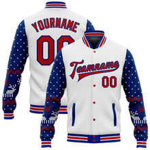 Laden Sie das Bild in den Galerie-Viewer, Custom White Red-Royal Christmas 3D Bomber Full-Snap Varsity Letterman Jacket