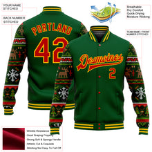 Laden Sie das Bild in den Galerie-Viewer, Custom Green Red-Gold Christmas 3D Bomber Full-Snap Varsity Letterman Jacket