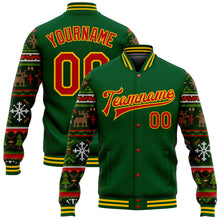 Laden Sie das Bild in den Galerie-Viewer, Custom Green Red-Gold Christmas 3D Bomber Full-Snap Varsity Letterman Jacket