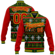 Laden Sie das Bild in den Galerie-Viewer, Custom Green Red-Gold Christmas 3D Bomber Full-Snap Varsity Letterman Jacket