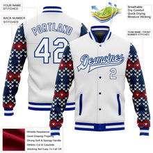 Laden Sie das Bild in den Galerie-Viewer, Custom White Royal-Navy Christmas 3D Bomber Full-Snap Varsity Letterman Jacket