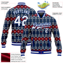 Laden Sie das Bild in den Galerie-Viewer, Custom Navy White-Royal Christmas 3D Bomber Full-Snap Varsity Letterman Jacket