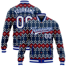 Laden Sie das Bild in den Galerie-Viewer, Custom Navy White-Royal Christmas 3D Bomber Full-Snap Varsity Letterman Jacket