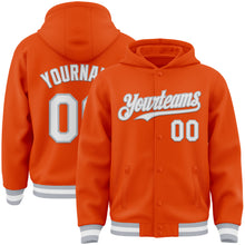 Laden Sie das Bild in den Galerie-Viewer, Custom Orange White-Gray Bomber Full-Snap Varsity Letterman Hoodie Jacket