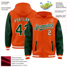 Laden Sie das Bild in den Galerie-Viewer, Custom Orange Green-White Bomber Full-Snap Varsity Letterman Two Tone Hoodie Jacket