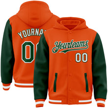 Laden Sie das Bild in den Galerie-Viewer, Custom Orange Green-White Bomber Full-Snap Varsity Letterman Two Tone Hoodie Jacket