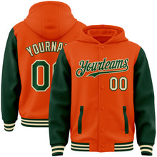 Laden Sie das Bild in den Galerie-Viewer, Custom Orange Green-Cream Bomber Full-Snap Varsity Letterman Two Tone Hoodie Jacket