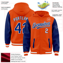 Laden Sie das Bild in den Galerie-Viewer, Custom Orange Royal-White Bomber Full-Snap Varsity Letterman Two Tone Hoodie Jacket