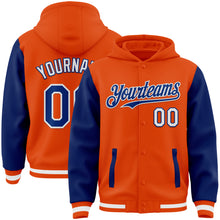 Laden Sie das Bild in den Galerie-Viewer, Custom Orange Royal-White Bomber Full-Snap Varsity Letterman Two Tone Hoodie Jacket