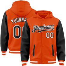 Laden Sie das Bild in den Galerie-Viewer, Custom Orange Black-White Bomber Full-Snap Varsity Letterman Two Tone Hoodie Jacket