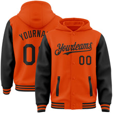 Laden Sie das Bild in den Galerie-Viewer, Custom Orange Black Bomber Full-Snap Varsity Letterman Two Tone Hoodie Jacket