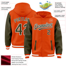 Laden Sie das Bild in den Galerie-Viewer, Custom Orange Olive-White Bomber Full-Snap Varsity Letterman Two Tone Hoodie Jacket