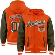 Laden Sie das Bild in den Galerie-Viewer, Custom Orange Olive-White Bomber Full-Snap Varsity Letterman Two Tone Hoodie Jacket