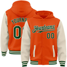 Laden Sie das Bild in den Galerie-Viewer, Custom Orange Green-Cream Bomber Full-Snap Varsity Letterman Two Tone Hoodie Jacket
