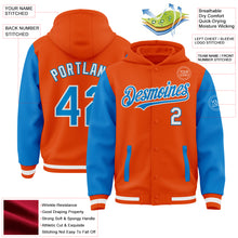 Laden Sie das Bild in den Galerie-Viewer, Custom Orange Powder Blue-White Bomber Full-Snap Varsity Letterman Two Tone Hoodie Jacket