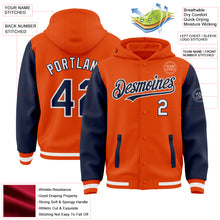 Laden Sie das Bild in den Galerie-Viewer, Custom Orange Navy-White Bomber Full-Snap Varsity Letterman Two Tone Hoodie Jacket