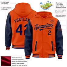 Laden Sie das Bild in den Galerie-Viewer, Custom Orange Navy Bomber Full-Snap Varsity Letterman Two Tone Hoodie Jacket