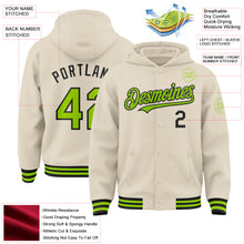 Load image into Gallery viewer, Custom Cream Neon Green-Black Bomber Full-Snap Varsity Letterman Hoodie Jacket