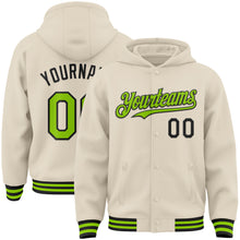 Load image into Gallery viewer, Custom Cream Neon Green-Black Bomber Full-Snap Varsity Letterman Hoodie Jacket