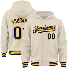 Load image into Gallery viewer, Custom Cream Navy-Gold Bomber Full-Snap Varsity Letterman Hoodie Jacket
