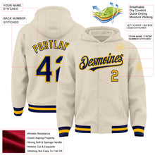 Load image into Gallery viewer, Custom Cream Navy-Gold Bomber Full-Snap Varsity Letterman Hoodie Jacket