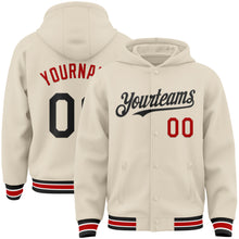 Загрузить изображение в средство просмотра галереи, Custom Cream Black Red-White Bomber Full-Snap Varsity Letterman Hoodie Jacket