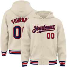 Load image into Gallery viewer, Custom Cream Navy Red-White Bomber Full-Snap Varsity Letterman Hoodie Jacket