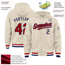 Load image into Gallery viewer, Custom Cream Red Navy-White Bomber Full-Snap Varsity Letterman Hoodie Jacket