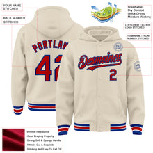 Load image into Gallery viewer, Custom Cream Red Royal-White Bomber Full-Snap Varsity Letterman Hoodie Jacket