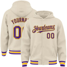 Laden Sie das Bild in den Galerie-Viewer, Custom Cream Purple Gold-White Bomber Full-Snap Varsity Letterman Hoodie Jacket