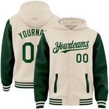Charger l'image dans la galerie, Custom Cream Green Bomber Full-Snap Varsity Letterman Two Tone Hoodie Jacket