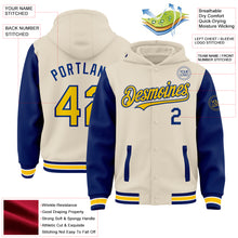 Charger l'image dans la galerie, Custom Cream Yellow Royal-White Bomber Full-Snap Varsity Letterman Two Tone Hoodie Jacket