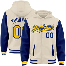 Charger l'image dans la galerie, Custom Cream Yellow Royal-White Bomber Full-Snap Varsity Letterman Two Tone Hoodie Jacket