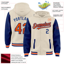 Charger l'image dans la galerie, Custom Cream Orange Royal-White Bomber Full-Snap Varsity Letterman Two Tone Hoodie Jacket